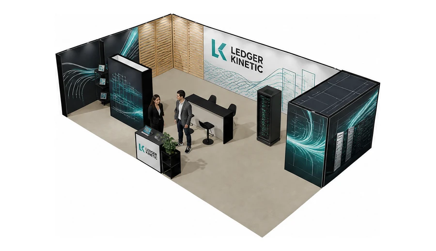Stoisko 10 × 6 m narożne lewe dla branży oprogramowanie dla firm, przykładowa marka Ledger Kinetic