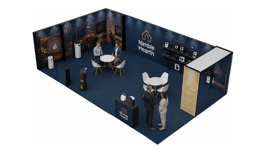 Stoisko 10 × 6 m narożne lewe dla branży smart home i IoT, przykładowa marka Nimble Hearth