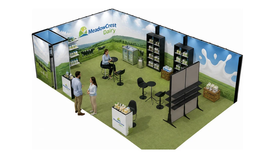 Stoisko 10 × 6 m narożne lewe dla branży nabiał i mleczarstwo, przykładowa marka MeadowCrest Dairy