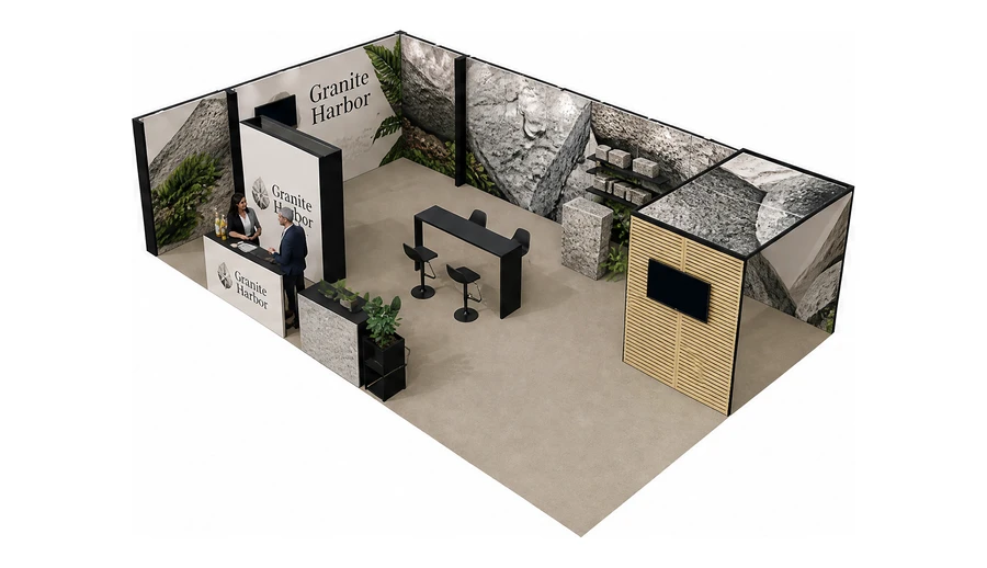 Stoisko 10 × 6 m narożne lewe dla branży kamień i kamieniarstwo, przykładowa marka Granite Harbor