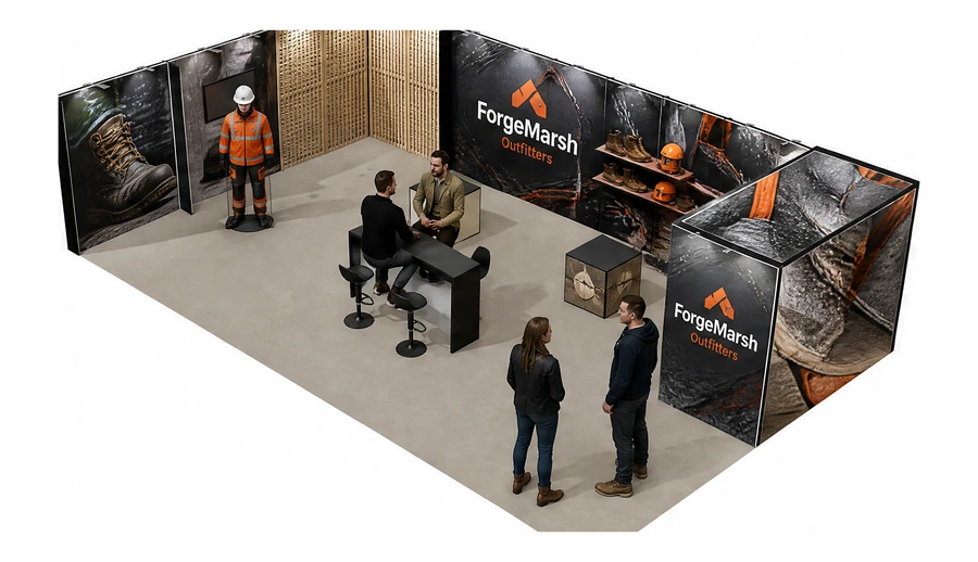 Stoisko 10 × 6 m narożne lewe dla branży BHP i odzież ochronna, przykładowa marka ForgeMarsh Outfitters