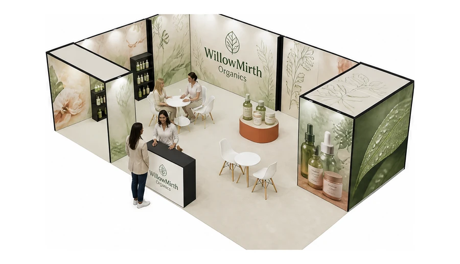 Stoisko 10 × 6 m narożne lewe dla branży kosmetyki naturalne, przykładowa marka WillowMirth Organics