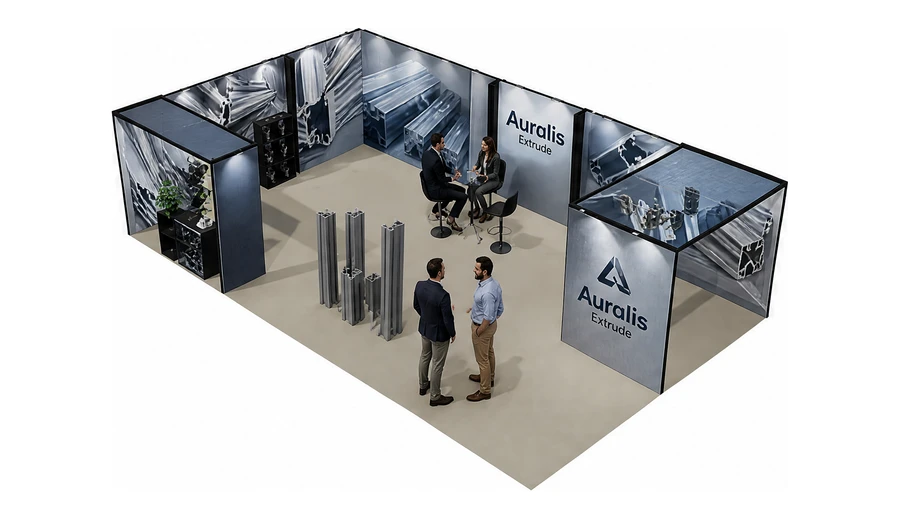 Stoisko 10 × 6 m narożne lewe dla branży profile aluminiowe, przykładowa marka Auralis Extrude