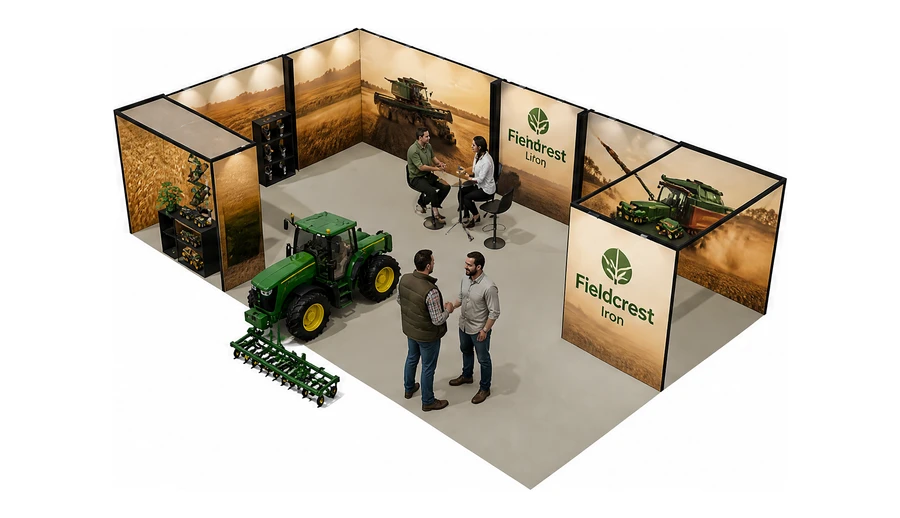 Stoisko 10 × 6 m narożne lewe dla branży maszyny rolnicze, przykładowa marka Fieldcrest Iron