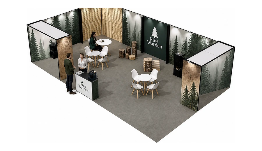 Stoisko 10 × 6 m narożne lewe dla branży leśnictwo i przemysł drzewny, przykładowa marka Pine Warden