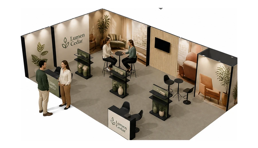 Stoisko 10 × 6 m narożne lewe dla branży meble designerskie, przykładowa marka Lumen Cedar
