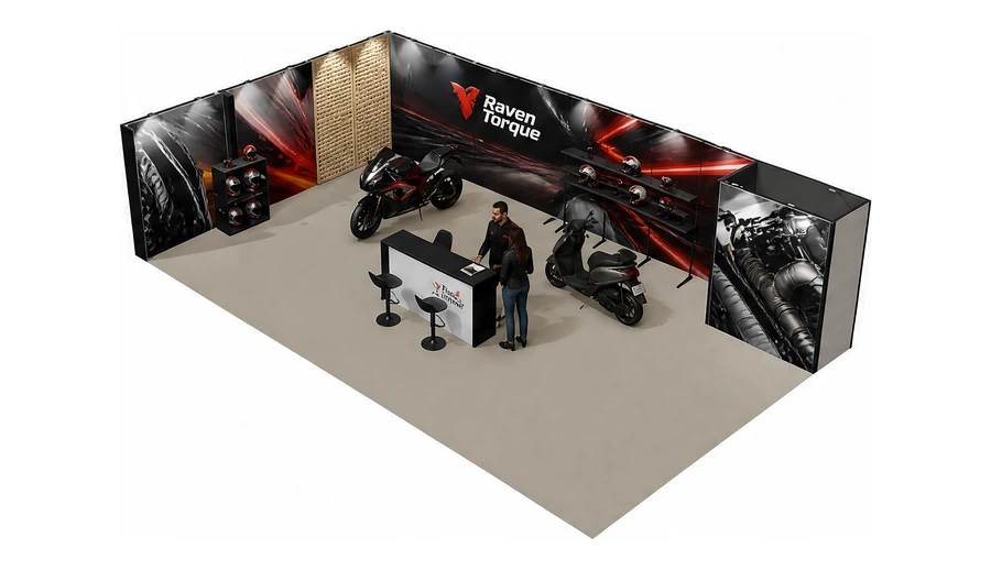 Stoisko 10 × 6 m narożne lewe dla branży motocykle i skutery, przykładowa marka Raven Torque