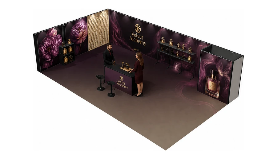 Stoisko 10 × 6 m narożne lewe dla branży perfumy, przykładowa marka Velvet Alchemy