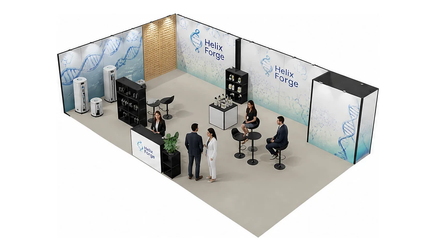 Stoisko 10 × 6 m narożne lewe dla branży farmacja i biotechnologia, przykładowa marka Helix Forge
