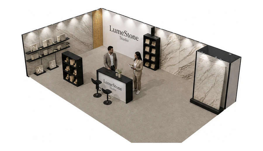 Stoisko 10 × 6 m narożne lewe dla branży wykończenie wnętrz, przykładowa marka LumeStone Studio