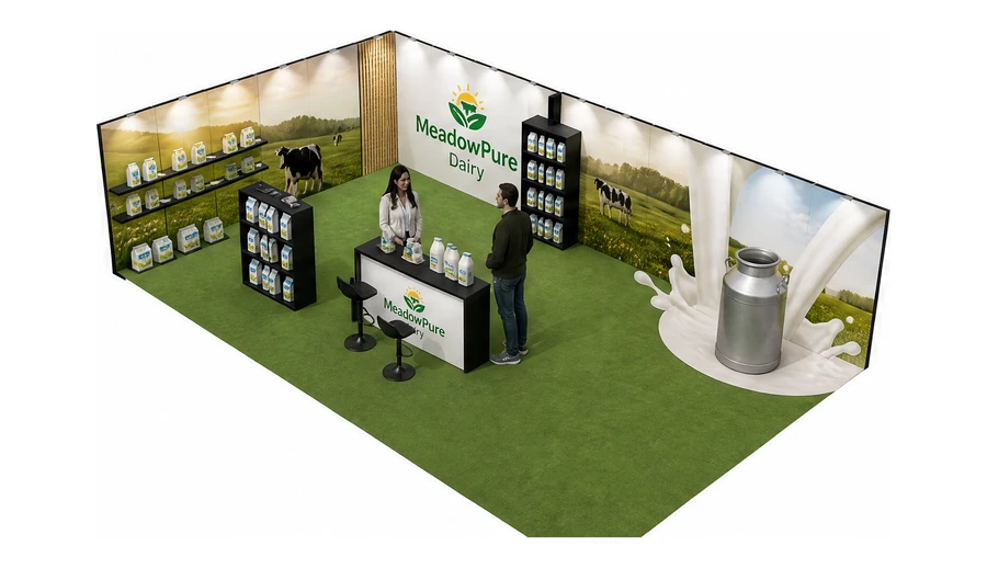 Stoisko 10 × 6 m narożne lewe dla branży nabiał i mleczarstwo, przykładowa marka MeadowPure Dairy