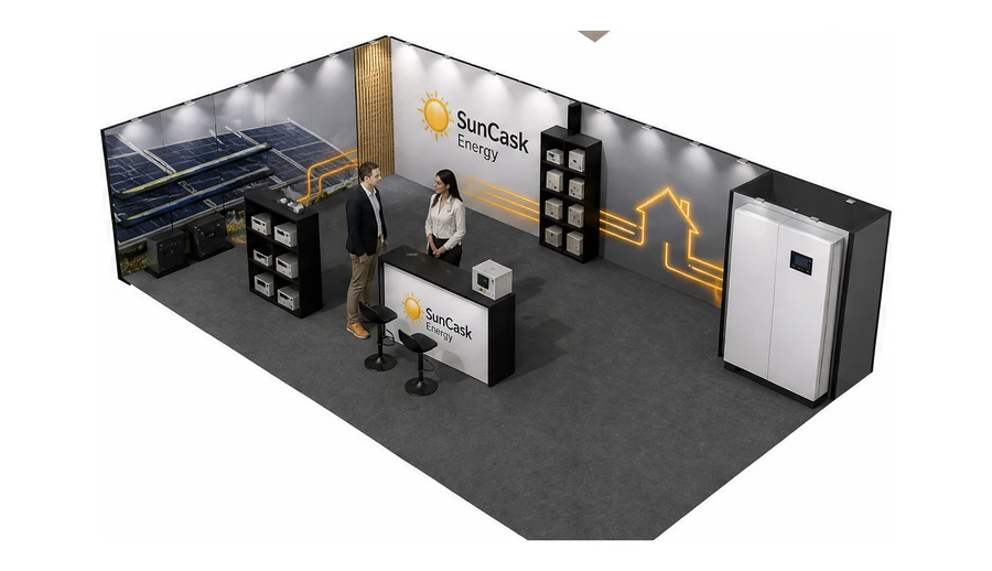 Stoisko 10 × 6 m narożne lewe dla branży fotowoltaika, przykładowa marka SunCask Energy
