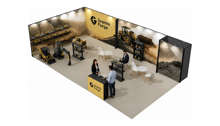 Stoisko 10 × 6 m narożne lewe dla branży maszyny budowlane, przykładowa marka Granite Forge