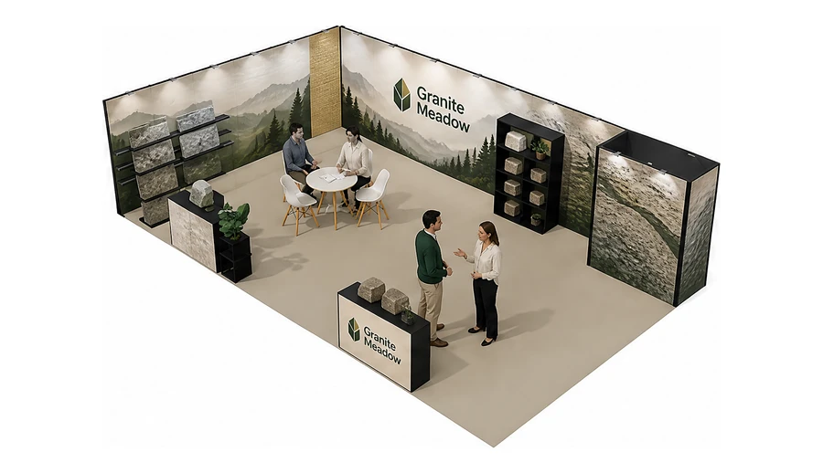 Stoisko 10 × 6 m narożne lewe dla branży kamień i kamieniarstwo, przykładowa marka Granite Meadow