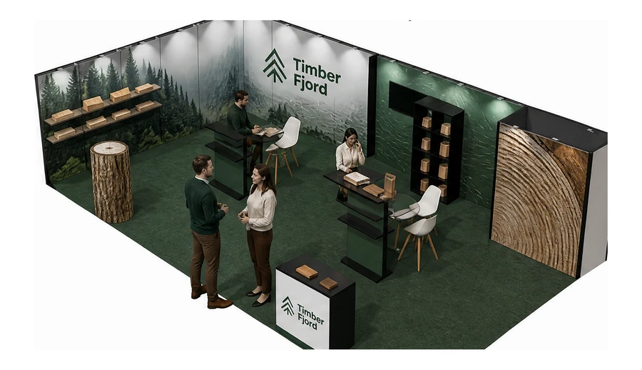 Stoisko 10 × 6 m narożne lewe dla branży leśnictwo i przemysł drzewny, przykładowa marka Timber Fjord