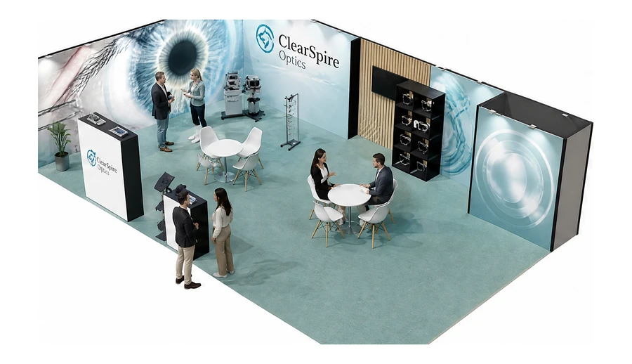 Stoisko 10 × 6 m narożne lewe dla branży optyka i audiologia, przykładowa marka ClearSpire Optics