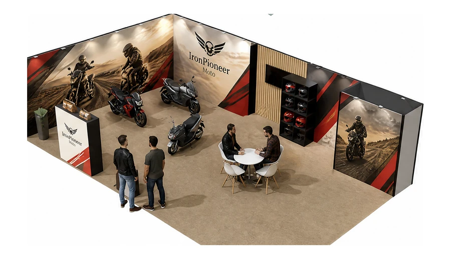 Stoisko 10 × 6 m narożne lewe dla branży motocykle i skutery, przykładowa marka IronPioneer Moto