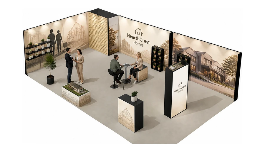 Stoisko 10 × 6 m narożne lewe dla branży deweloperzy i nieruchomości, przykładowa marka HearthCrest Homes