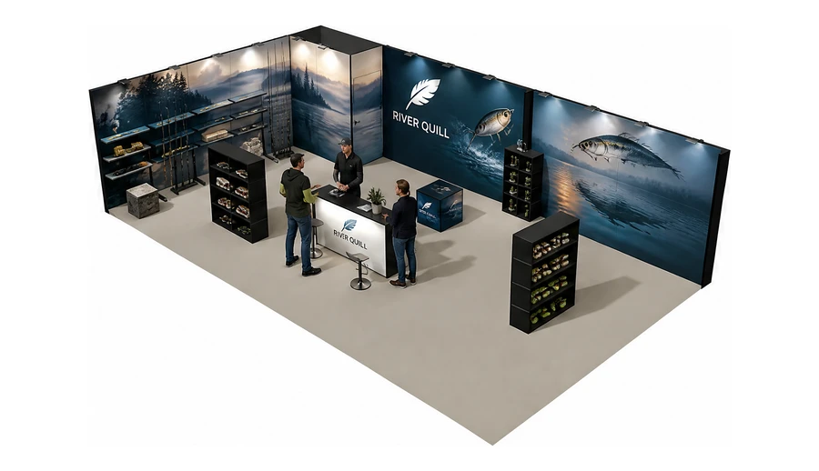 Stoisko 10 × 6 m narożne lewe dla branży wędkarstwo, przykładowa marka River Quill