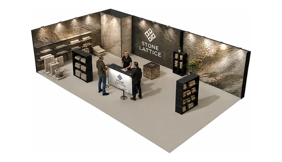 Stoisko 10 × 6 m narożne lewe dla branży kamień i kamieniarstwo, przykładowa marka Stone Lattice