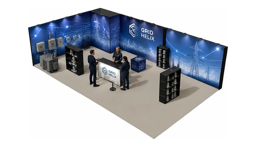 Stoisko 10 × 6 m narożne lewe dla branży energetyka i sieci, przykładowa marka Grid Helix