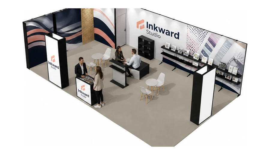 Stoisko 10 × 6 m narożne lewe dla branży reklama i druk, przykładowa marka Inkward Studio