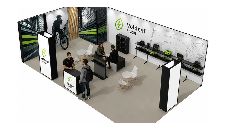 Stoisko 10 × 6 m narożne lewe dla branży rowery elektryczne, przykładowa marka Voltleaf Cycle
