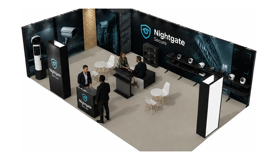 Stoisko 10 × 6 m narożne lewe dla branży systemy zabezpieczeń, przykładowa marka Nightgate Secure