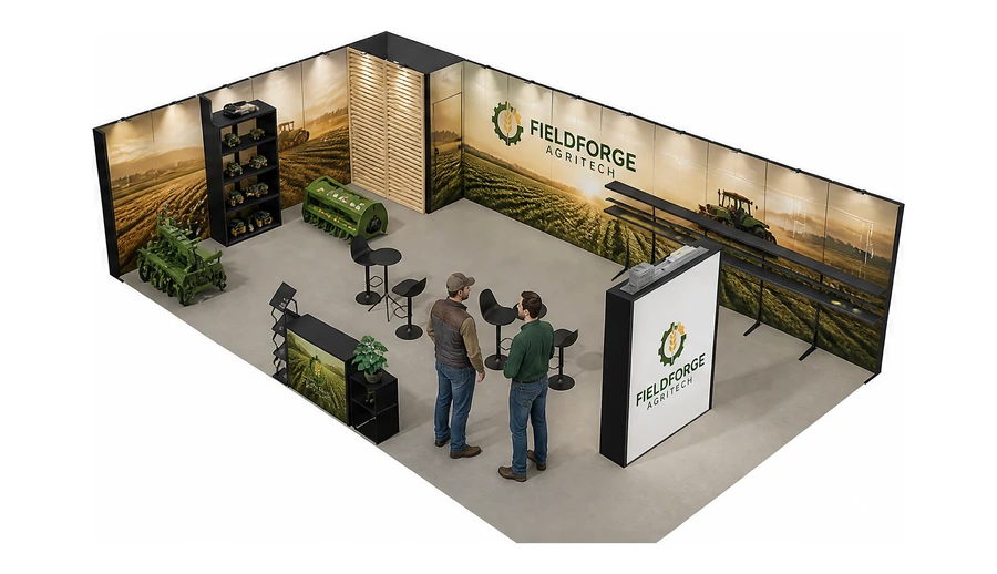 Stoisko 10 × 6 m narożne lewe dla branży maszyny rolnicze, przykładowa marka Fieldforge Agritech