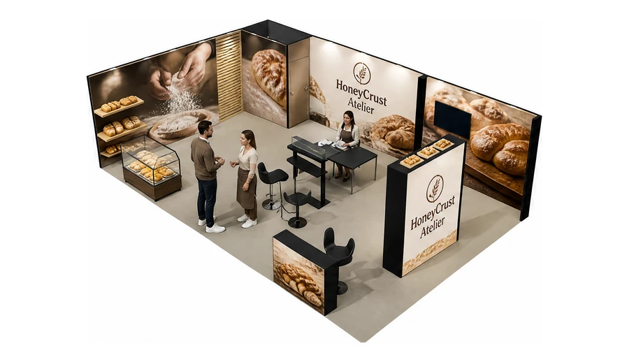 Stoisko 10 × 6 m narożne lewe dla branży piekarnictwo i cukiernictwo, przykładowa marka HoneyCrust Atelier