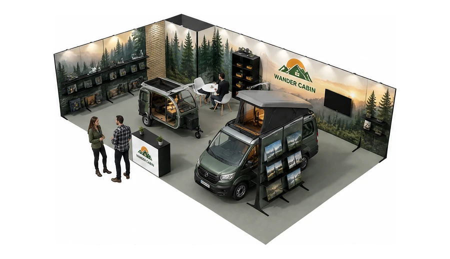 Stoisko 10 × 6 m narożne lewe dla branży caravaning i kampery, przykładowa marka Wander Cabin