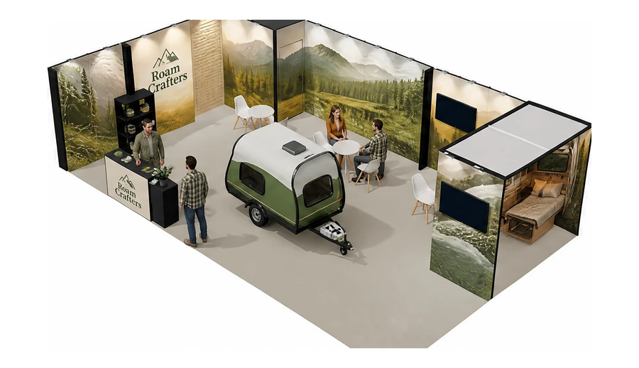Stoisko 10 × 6 m narożne lewe dla branży caravaning i kampery, przykładowa marka Roam Crafters