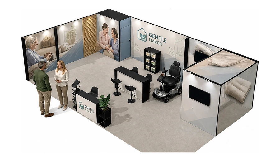 Stoisko 10 × 6 m narożne lewe dla branży opieka senioralna, przykładowa marka Gentle Haven