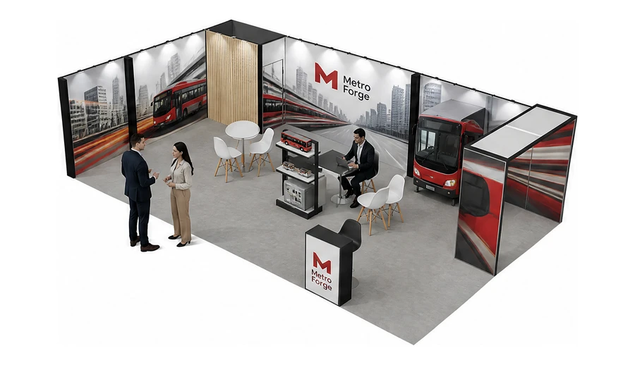 Stoisko 10 × 6 m narożne lewe dla branży autobusy i transport zbiorowy, przykładowa marka Metro Forge