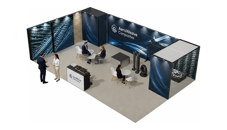 Stoisko 10 × 6 m narożne lewe dla branży materiały kompozytowe, przykładowa marka AeroWeave Composites