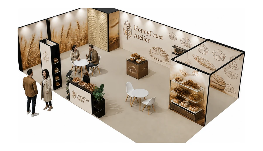 Stoisko 10 × 6 m narożne lewe dla branży piekarnictwo i cukiernictwo, przykładowa marka HoneyCrust Atelier