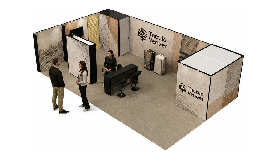 Stoisko 10 × 6 m narożne lewe dla branży wykończenie wnętrz, przykładowa marka Tactile Veneer