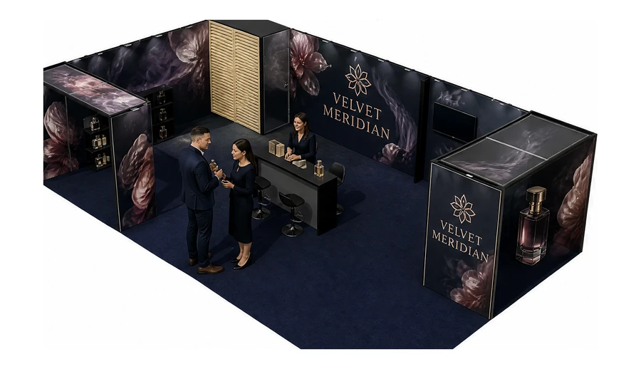 Stoisko 10 × 6 m narożne lewe dla branży perfumy, przykładowa marka Velvet Meridian