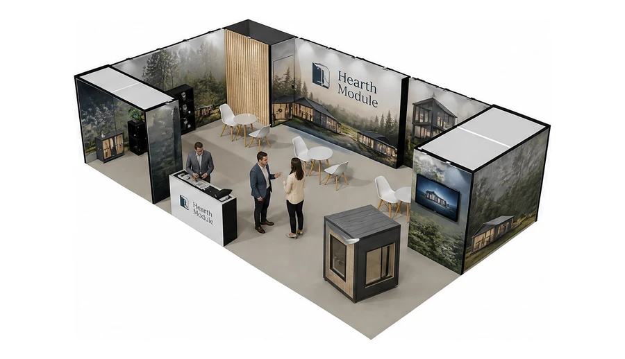 Stoisko 10 × 6 m narożne lewe dla branży domy modułowe i prefabrykacja, przykładowa marka Hearth Module