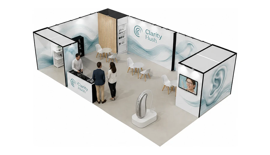 Stoisko 10 × 6 m narożne lewe dla branży optyka i audiologia, przykładowa marka Clarity Hush