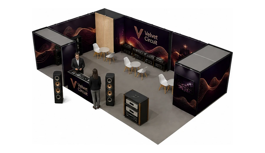 Stoisko 10 × 6 m narożne lewe dla branży sprzęt audio-video, przykładowa marka Velvet Circuit