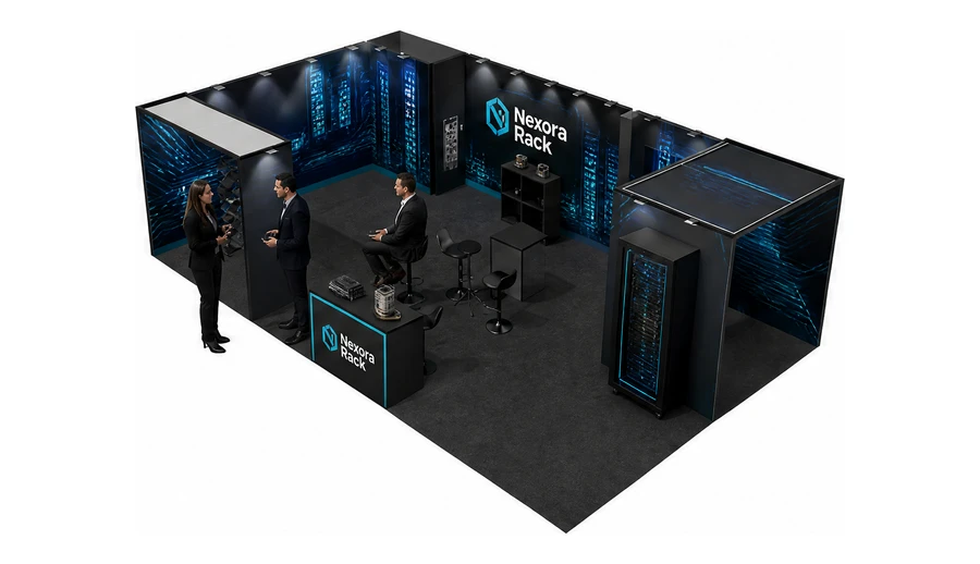 Stoisko 10 × 6 m narożne lewe dla branży infrastruktura IT i data center, przykładowa marka Nexora Rack