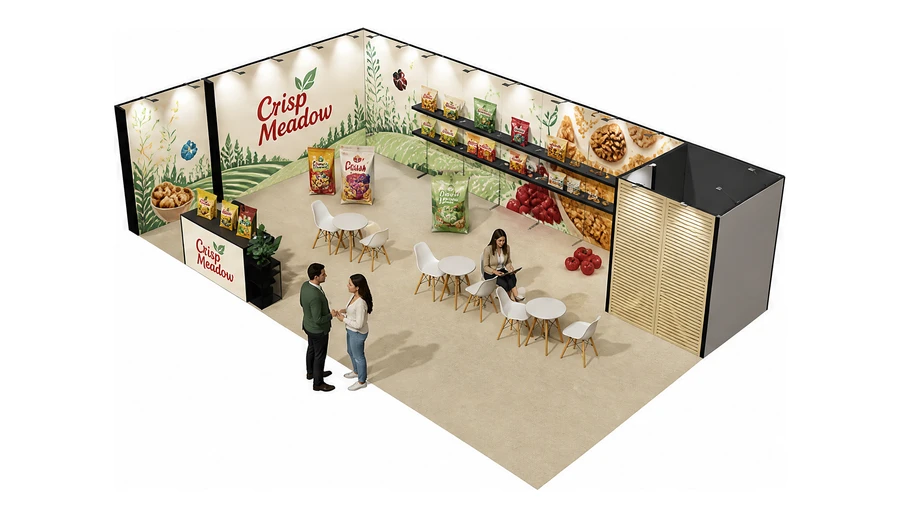 Stoisko 10 × 6 m narożne lewe dla branży słodycze i przekąski, przykładowa marka Crisp Meadow