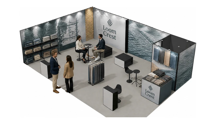 Stoisko 10 × 6 m narożne lewe dla branży tekstylia i tkaniny, przykładowa marka Loom Crest