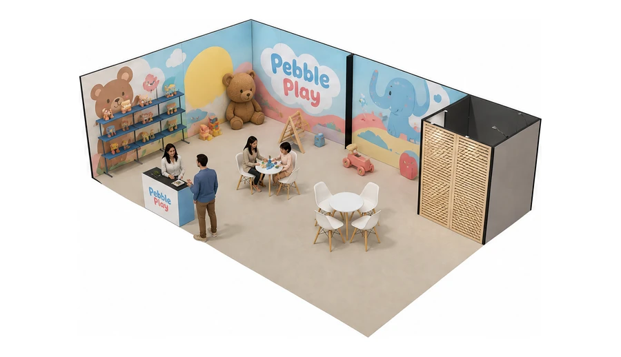Stoisko 10 × 6 m narożne lewe dla branży zabawki i artykuły dziecięce, przykładowa marka Pebble Play