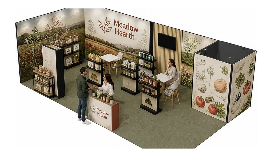 Stoisko 10 × 6 m narożne lewe dla branży żywność ekologiczna, przykładowa marka Meadow Hearth