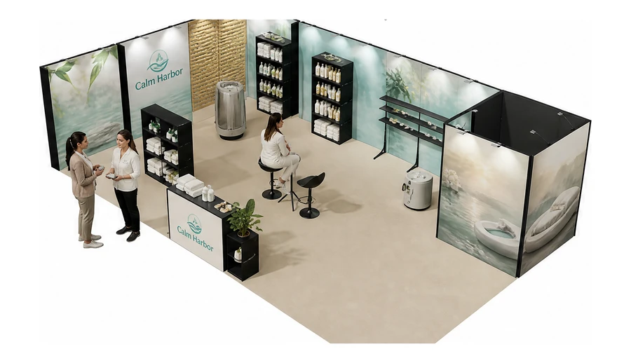 Stoisko 10 × 6 m narożne lewe dla branży spa i wellness, przykładowa marka Calm Harbor