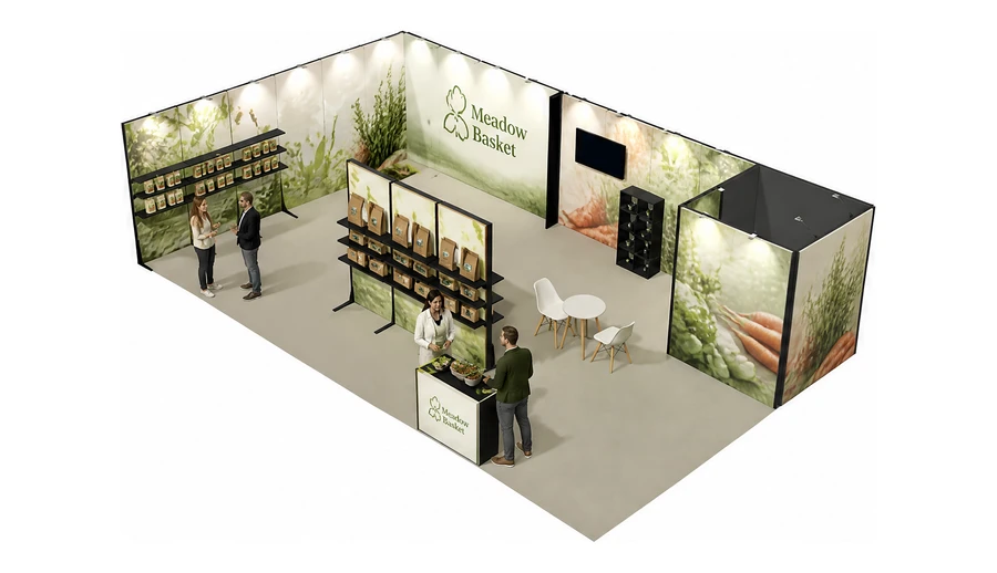 Stoisko 10 × 6 m narożne lewe dla branży żywność ekologiczna, przykładowa marka Meadow Basket
