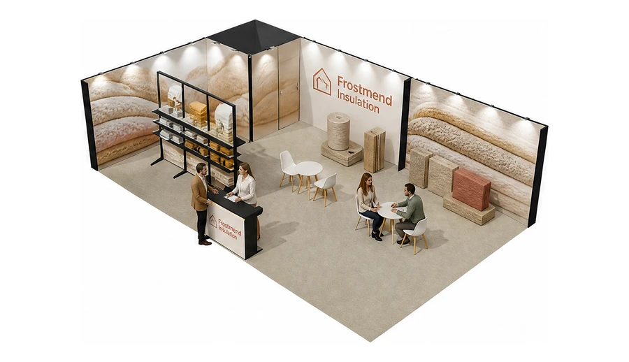 Stoisko 10 × 6 m narożne lewe dla branży izolacje techniczne, przykładowa marka Frostmend Insulation