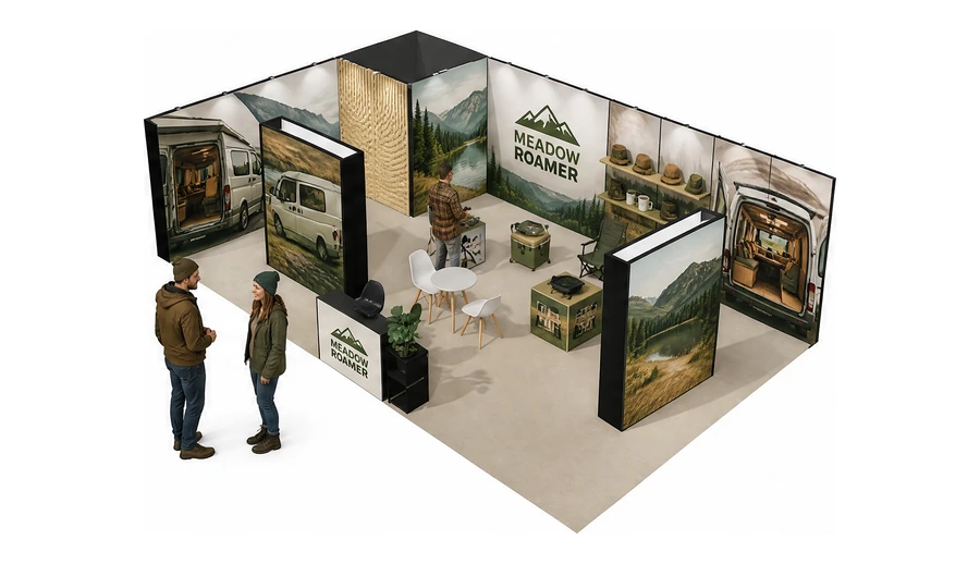 Stoisko 10 × 6 m narożne lewe dla branży caravaning i kampery, przykładowa marka Meadow Roamer